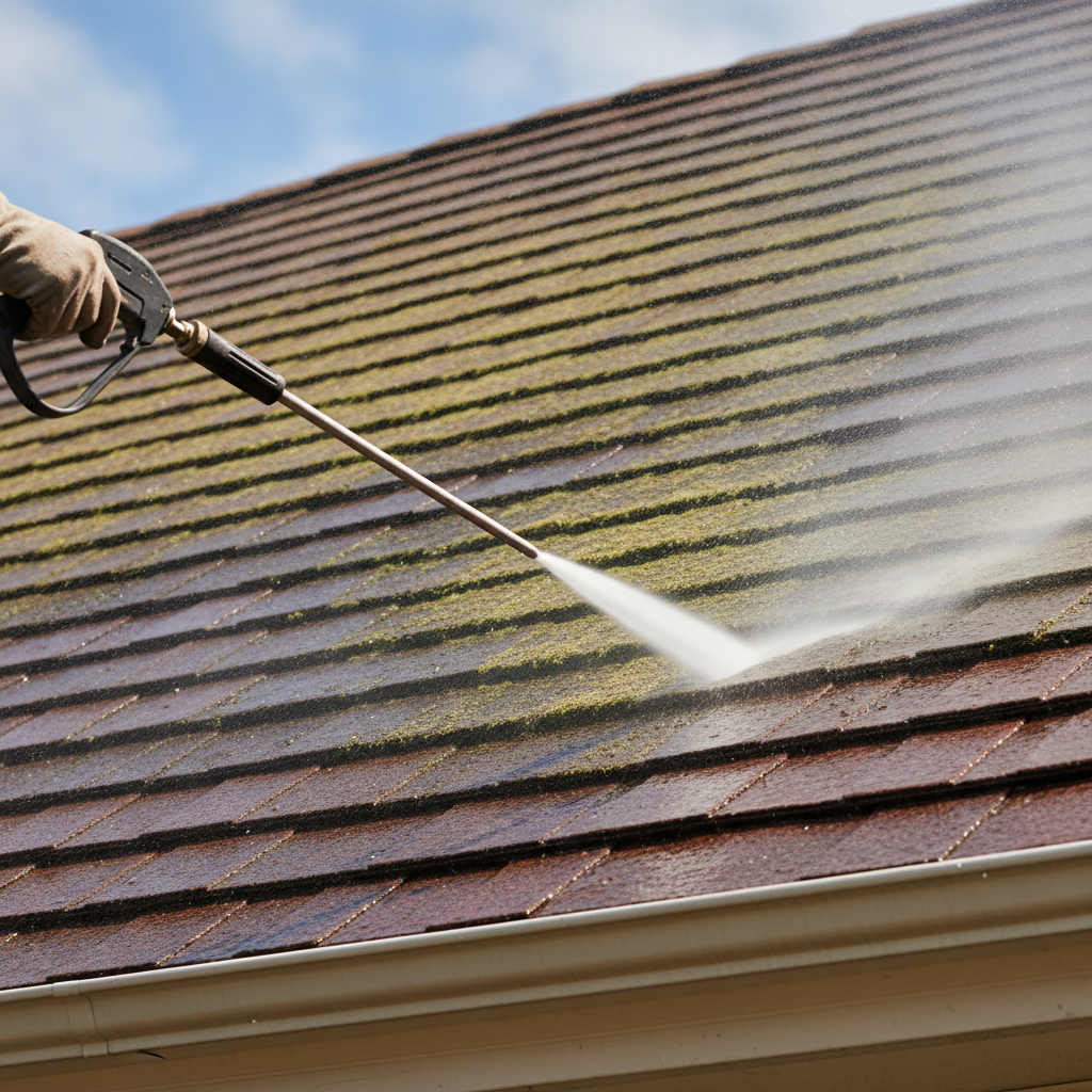 focus on a hand showing roof cleaning through pressure washing